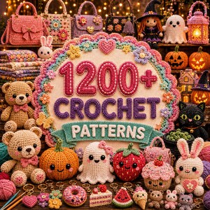 May include: A large circular sign with the text 1200+ CROCHET PATTERNS surrounded by crocheted flowers and hearts. The display includes various crocheted items like teddy bears, pumpkins, a ghost, a strawberry, a cupcake, and keychains.