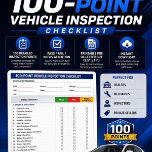 May include: A digital 100-point vehicle inspection checklist document by AMT Studio. The blue and white graphic features a car image, a sample checklist form with 8.5 inch by 11 inch dimensions, and icons for instant download, PDF format, and inspection points.