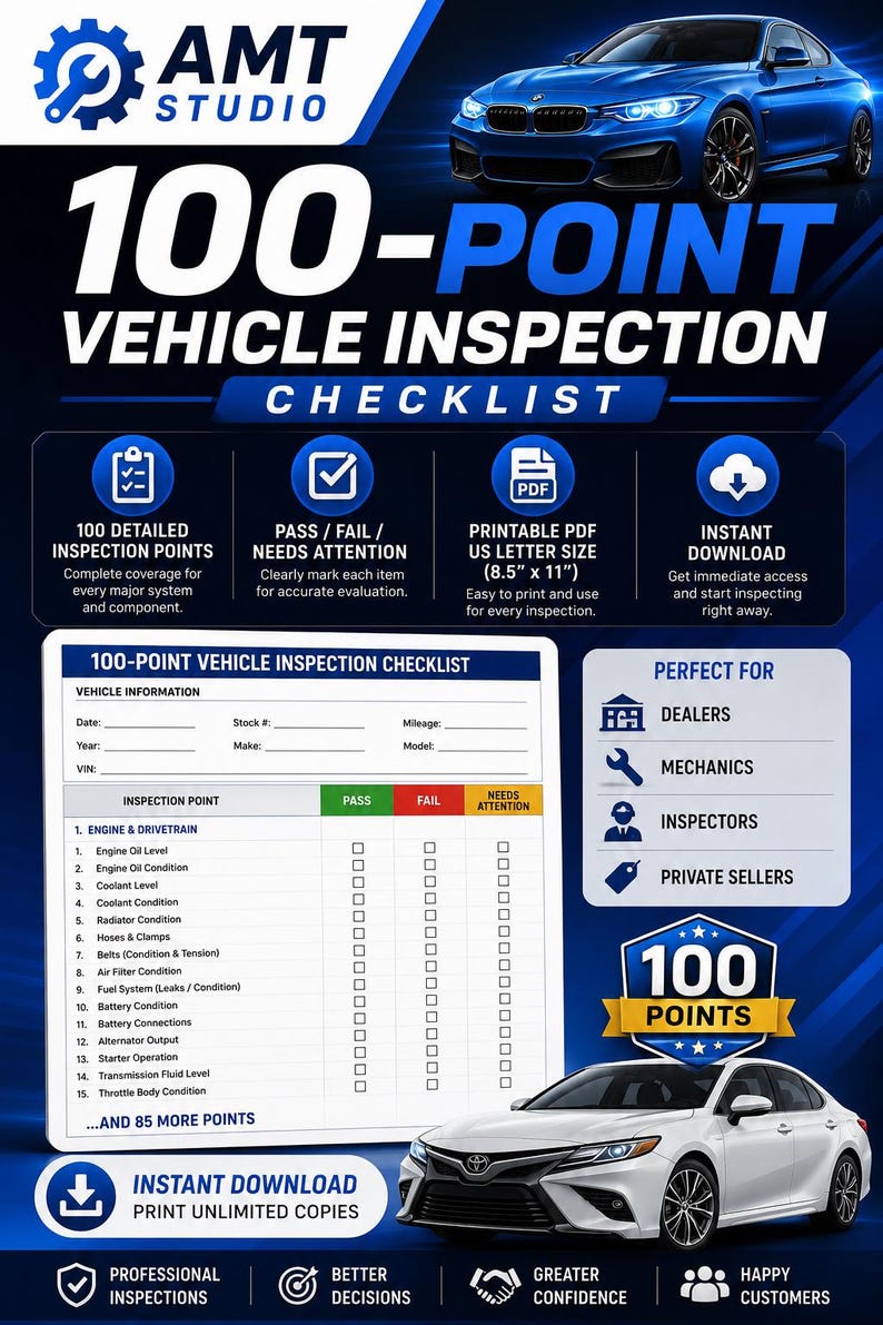 May include: A digital 100-point vehicle inspection checklist document by AMT Studio. The blue and white graphic features a car image, a sample checklist form with 8.5 inch by 11 inch dimensions, and icons for instant download, PDF format, and inspection points.