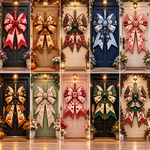 May include: A collection of ten decorative fabric door bows featuring various seasonal patterns including pumpkins, snowflakes, hearts, and holiday motifs, each displayed on a front door with matching festive greenery and lighting.