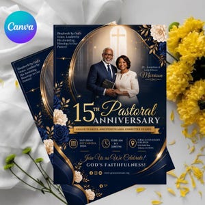 Op de afbeelding: Een marineblauwe en gouden flyer voor een 15-jarig pastoraal jubileum met een foto van een echtpaar, bloemaccenten en tekst, waaronder Shepherds by God's Grace, Dr. Jonathan & Lady Rebecca Morrison en evenementdetails voor 6 december 2026.