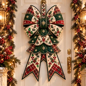 May include: A large quilted Christmas bow decoration featuring a festive pattern of red and green plaid, cream fabric with holly leaves and red berries, and gold embroidered star accents. The bow has long, pointed tails and a central knot.