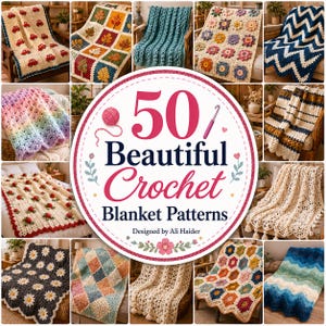 May include: A circular graphic featuring the text 50 Beautiful Crochet Blanket Patterns Designed by Ali Haider, surrounded by a collage of various crocheted blankets including floral, chevron, striped, and textured designs in many colors.