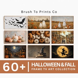 May include: A collection of nine rectangular digital art prints for televisions featuring Halloween and autumn themes, including bats, ghosts in fields, pumpkins, a spooky village, a witch's hat on books, and a witch flying against a full moon.
