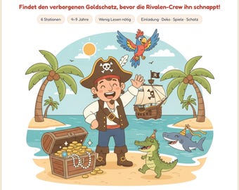Piratenschatzoektocht voor kinderen (PDF) · Kinderverjaardagsfeestje 4 5 6 7 8 9 jaar · Complete printbare speurtocht