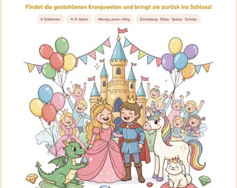 Prinsessenschatzoektocht voor kinderen (PDF) · Kinderverjaardagsfeestje voor kinderen van 4, 5, 6, 7, 8 en 9 jaar · Compleet printbaar pakket voor een speurtocht