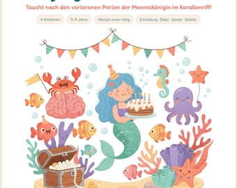 Zeemeerminschatzoektocht voor kinderen (PDF) · Kinderverjaardagsfeestje (4, 5, 6, 7, 8, 9 jaar) · Complete printbare speurtocht