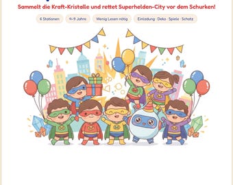 Superhelden-schattenjacht voor kinderen (PDF) · Kinderverjaardagsfeestje 4 5 6 7 8 9 jaar · Complete printbare speurtocht