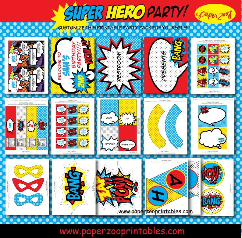 INSTANT DOWNLOAD, Superhero BOY Birthday Printable Party Package, You Edit Yourself in Adobe Reader image 4