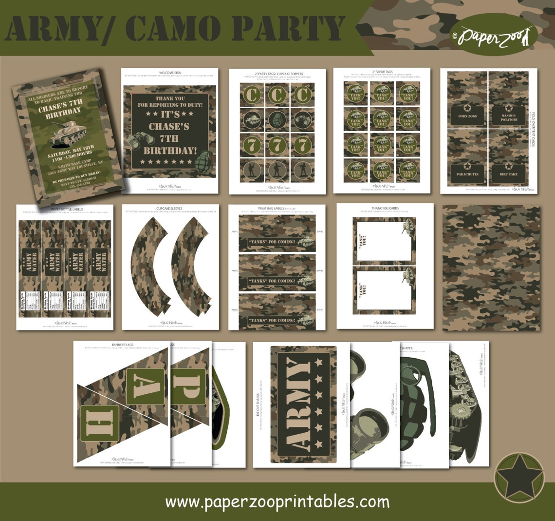 INSTANT DOWNLOAD, Army Camo Military, PRINTABLE Birthday Party Package ...