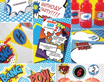 INSTANT DOWNLOAD,  Superhero BOY Birthday Printable Party Package, You Edit Yourself in Adobe Reader