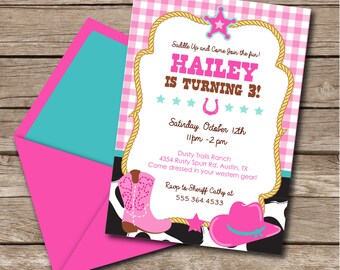 NSTANT DOWNLOAD, Cowgirl, Rodeo, Western Birthday Girl, Cowprint, 5 x 7 Printable Invitation, You Edit in Adobe Reader