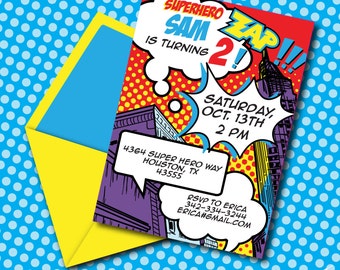 INSTANT DOWNLOAD Super Hero Boy Printable 5 x 7 Invitation, You Edit Yourself in Adobe Reader