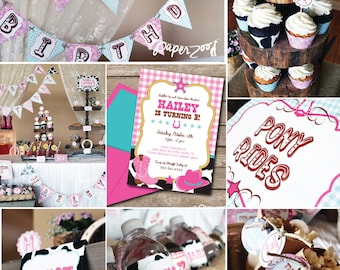 INSTANT DOWNLOAD,  Cowprint Cowgirl Western Printable Party Package, You Edit Yourself in Adobe Reader