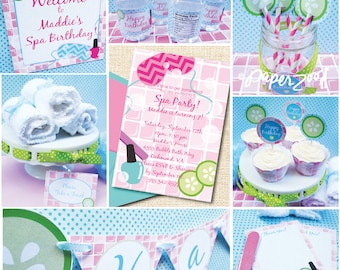 INSTANT DOWNLOAD, Spa Girl Birthday, Pink, Turq, Printable Party Package, You Edit in Adobe Reader