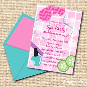INSTANT DOWNLOAD, Birthday Spa Girl, Pink, Turq, Lime, Printable 5 x 7 Invitation, You Edit Yourself in Adobe Reader image 1