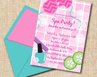INSTANT DOWNLOAD, Birthday Spa Girl, Pink, Turq, Lime, Printable 5 x 7 Invitation, You Edit Yourself in Adobe Reader