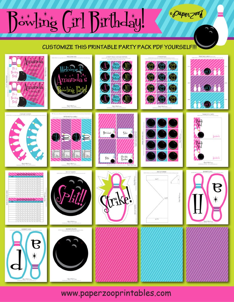 INSTANT DOWNLOAD, Bowling Girl Birthday Printable Party Package,Pink, Purple, Turq, You Edit in Adobe Reader image 4