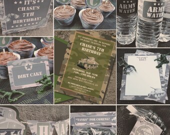 INSTANT DOWNLOAD, Army Camo Military, PRINTABLE Birthday Party Package, You Edit Yourself in Adobe Reader
