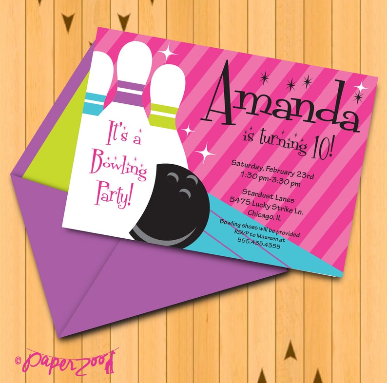 INSTANT DOWNLOAD, Bowling Girl Birthday Printable Party Package,Pink, Purple, Turq, You Edit in Adobe Reader image 2