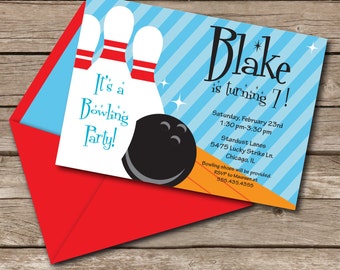 INSTANT DOWNLOAD, Bowling Birthday, Boy, Blue Red Orange, 5 x 7 Printable Invitation, You Edit Yourself in Adobe Reader