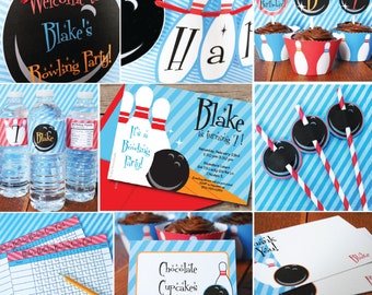 INSTANT DOWNLOAD, Bowling Boy Birthday Printable Party Package ,Red, Blue, Orange, You Edit in Adobe Reader