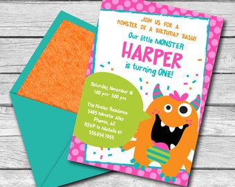 INSTANT DOWNLOAD, Monster Bash Birthday Girl, 5 x 7 Printable Invitation, You Edit Yourself in Adobe Reader