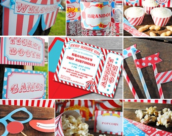 Step Right Up CIRCUS Carnival Birthday Printable Party Package, You Edit Yourself in Adobe Reader
