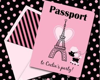 INSTANT DOWNLOAD, Pink Parisian Poodle Birthday Passport, Printable Invitation, You Edit Yourself in Adobe Reader