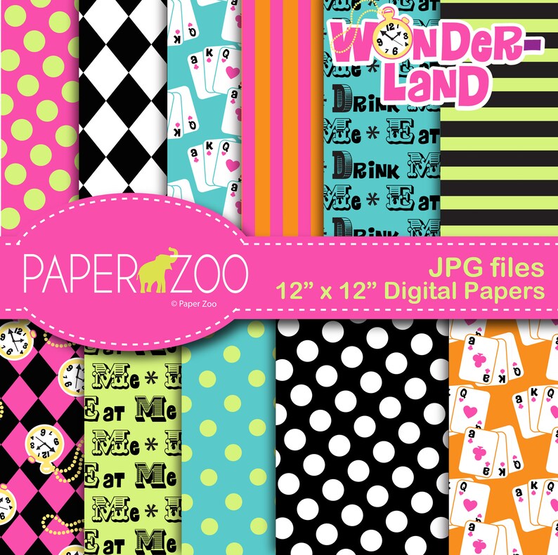 INSTANT DOWNLOAD, Mad Hatter, Alice in Wonderland, Digital Scrapbooking Set, Digital Paper Pack, Personal and Small Commercial Use image 1