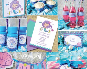 INSTANT DOWNLOAD,  Mermaid Birthday Printable Party Package, You Edit Yourself in Adobe Reader