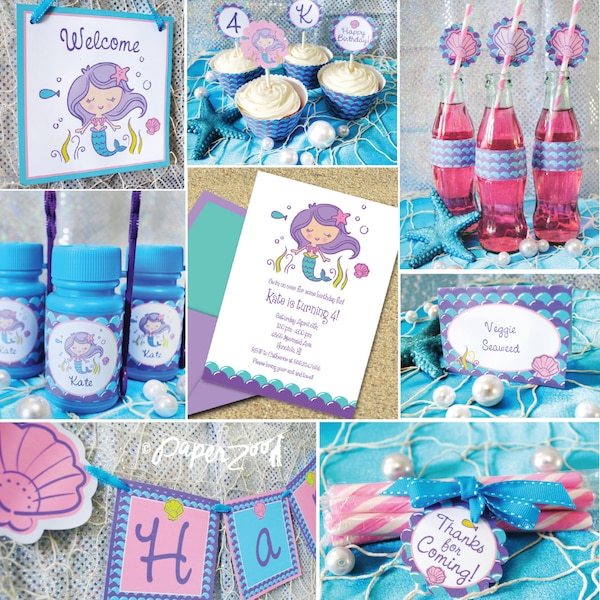 INSTANT DOWNLOAD,  Mermaid Birthday Printable Party Package, You Edit Yourself in Adobe Reader