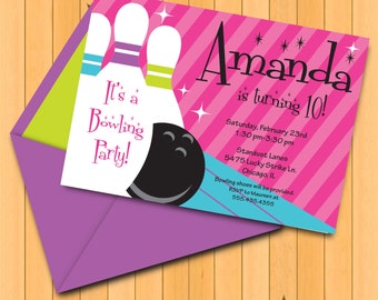 INSTANT DOWNLOAD, Bowling Birthday Girl, Pink Purple Turq, 5 x 7 Printable Invitation, You Edit Yourself in Adobe Reader