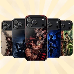 May include: A collection of five smartphone cases featuring various anime-inspired character illustrations. Each case displays a unique dark fantasy scene with vibrant colors, including deep blues, reds, and greens, showcasing detailed character art.
