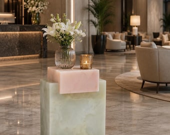 Luxury Pink & White Onyx Side Table | Handmade Natural Onyx Pedestal Table | Modern Accent End Table | Bedside Table | Luxury Home.