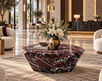 Mesa de centro de mármol Rosso Levanto / Piedra rojo burdeos, diseño escultórico geométrico