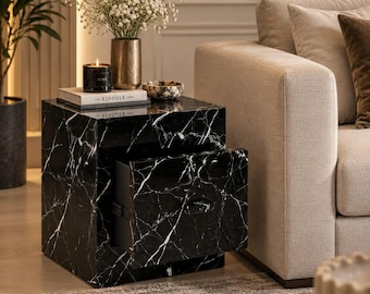 Black Marquina Marble Nightstand | Modern Bedside Table with Drawer