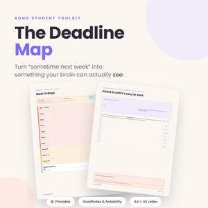 May include: ADHD Student Toolkit The Deadline Map printable planner pages featuring a 14-day schedule and task breakdown sheet. The documents include text headers like Next 14 days, Shrink it until it's easy to start, and labels for GoodNotes, Notability, A4, and US Letter.