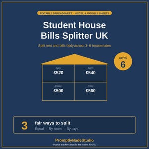 Pode incluir: Um modelo de planilha digital intitulado Student House Bills Splitter UK para Excel e Google Sheets. Apresenta um gráfico de casa com quatro seções para nomes e valores em libras, além de um círculo indicando até 6 colegas de casa.