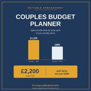 Puede incluir: Una hoja de cálculo editable titulada Couples Budget Planner sobre un fondo azul oscuro. Incluye un gráfico de barras que muestra divisiones de ingresos de 1.320 £ y 880 £, con el texto split the bills fairly by what each of you actually earns.