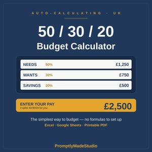 Calculadora de presupuesto 50 30 20 Hoja de cálculo para Google Sheets y Excel Planificador de presupuesto mensual Reino Unido Necesidades Deseos Ahorros PDF imprimible
