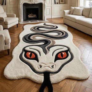 May include: An off-white area rug shaped like a snake with a textured surface. The design features a large snake head with bright orange eyes, black outlines, and a long black forked tongue. The body of the snake coils upwards in shades of grey.