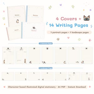 Paquete de papelería digital con adorables ilustraciones de gatos, páginas de agenda imprimibles en PDF tamaño A4, 4 portadas + 14 páginas de notas, lista de tareas, cuadrícula rayada y punteada.
