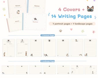 Niedliches digitales Schreibwaren-Set mit Katzenillustrationen, A4-Planerseiten zum Ausdrucken (PDF), 4 Deckblätter + 14 Notizseiten, To-do-Liste, liniert/gepunktet
