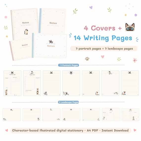 Cute Illustrated Cat Digital Stationery Bundle, A4 Printable Planner Pages PDF, 4 Covers + 14 Note Pages, To Do List, Lined Grid Dotted