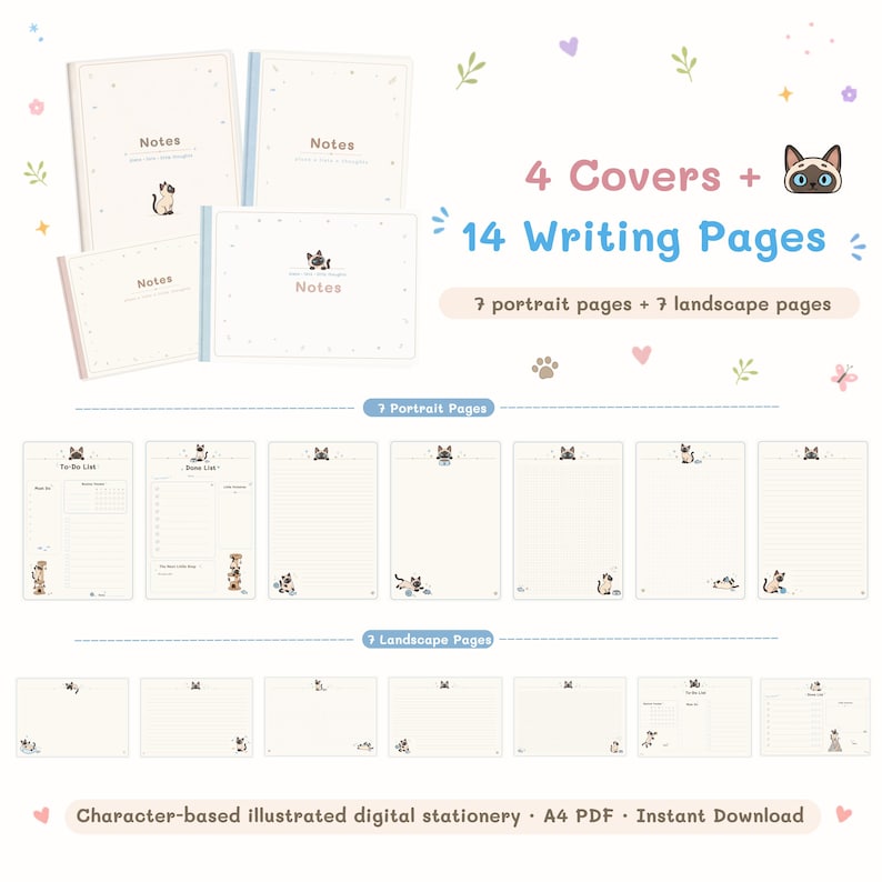 Cute Illustrated Cat Digital Stationery Bundle, A4 Printable Planner Pages PDF, 4 Covers + 14 Note Pages, To Do List, Lined Grid Dotted image 1