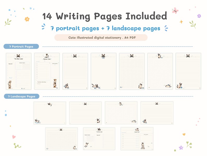 May include: A digital stationery set featuring 14 writing pages in A4 PDF format, including 7 portrait and 7 landscape layouts. Each page displays illustrations of Siamese cats and includes text such as 14 Writing Pages Included, 7 portrait pages + 7 landscape pages, To-Do List, and Done List.