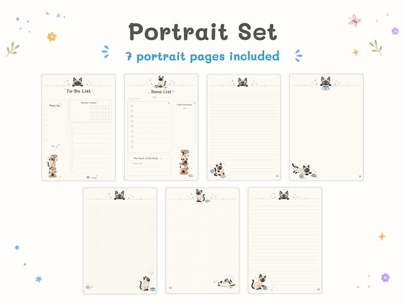May include: A digital portrait set of seven stationery pages featuring Siamese cat illustrations. The pages include to-do lists, done lists, and lined or grid paper designs with cream backgrounds, small cat graphics, and the text Portrait Set.