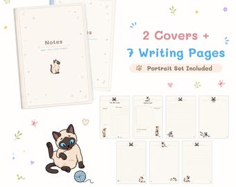 May include: A digital stationery set featuring two notebook covers and seven writing pages with Siamese cat illustrations. The text reads 2 Covers + 7 Writing Pages, Portrait Set Included, and Character-based illustrated digital stationery A4 PDF.