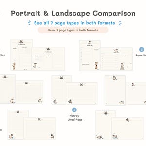 May include: A digital planner page set featuring seven distinct layouts in both portrait and landscape orientations. Each page includes cat illustrations and labels for To-Do list, Done list, Grid Page, Narrow Lined Page, Dotted Page, Lined Page, and Blank Page.